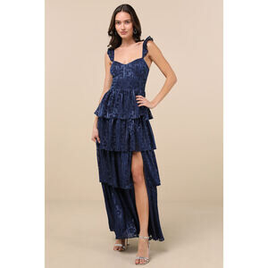 Lulus Stunning Glory Navy Blue Floral Jacquard Tiered Maxi Dress - Size L